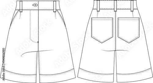 with pockets high rise waist mid rise mid waist wide leg denim jean short  template technical drawing flat sketch cad mockup fashion woman design style model 
