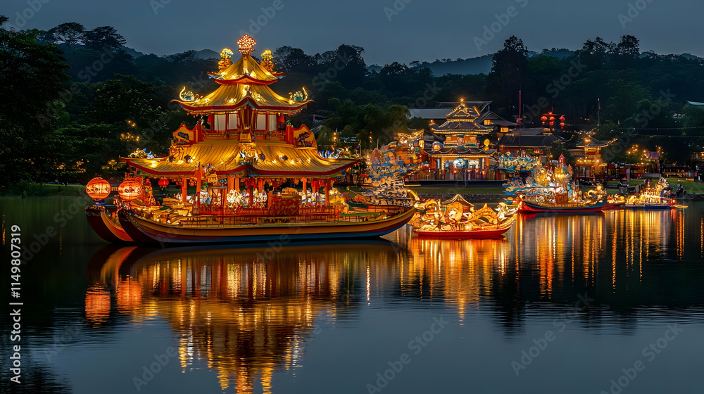 Naklejka premium Night Festive Boats Illuminated Water Scene