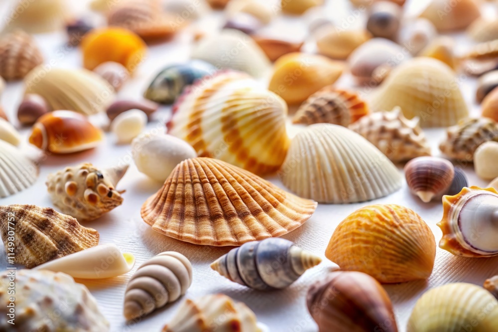 Tilt-Shift Seashells: Miniature Beach Scene, Close-up Shell Photography, Macro Seashell Images, White Background, Diverse Seashells Tilt-Shift Seashells: Miniature Beach Scene, Close-up Shell Photography, Macro Seashell Images, White Background, Diverse Seashells