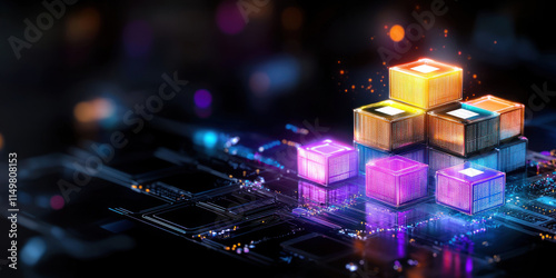 Abstract digital blocks on circuit board, glowing in vibrant colors, symbolize technology and innovation
