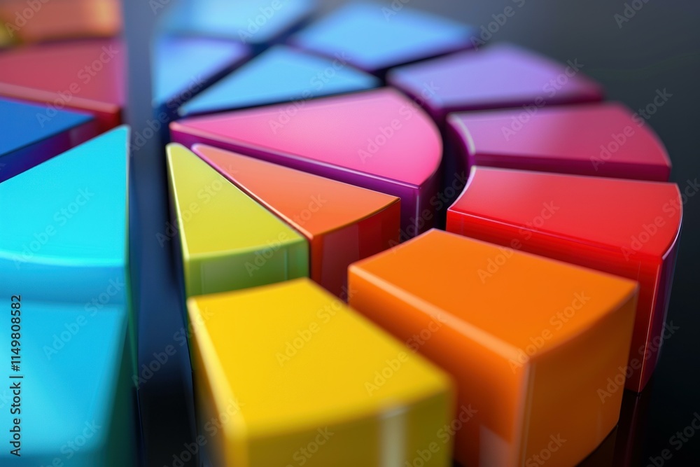 Fototapeta premium Vibrant 3d pie chart is separated into colorful segments, symbolizing market share, statistical analysis, and data interpretation