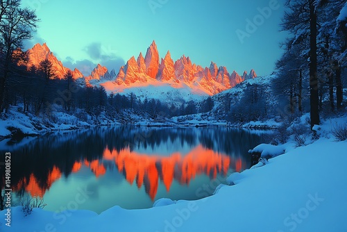 Majestic snowcapped mountains reflecting in a tranquil winter lake