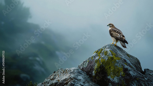 A hawk perched on a granite rock outcrop, scanning the misty horizon, with vibrant green lichen glowing on the rocks beneath it. 