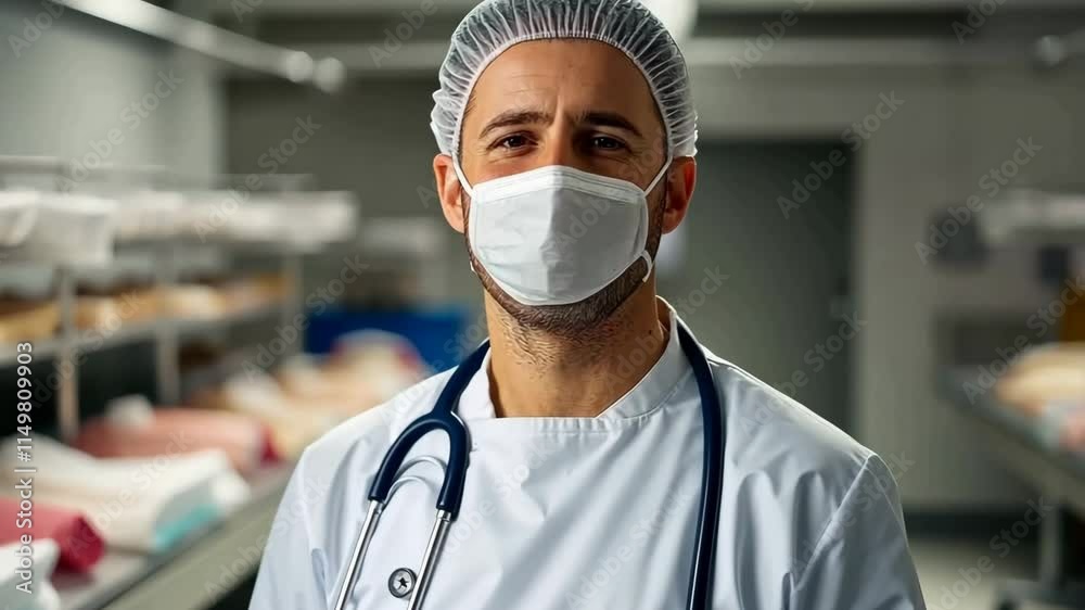 Doctor wearing a white coat and a white hat is standing in a hospital room. He is wearing a mask and a stethoscope