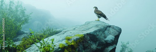 A hawk perched on a granite rock outcrop, scanning the misty horizon, with vibrant green lichen glowing on the rocks beneath it.  