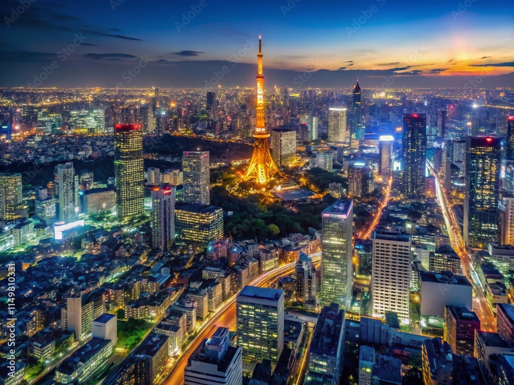 Naklejka premium Tokyo Night Skyline Aerial View: Stunning Cityscape Panorama with Copy Space