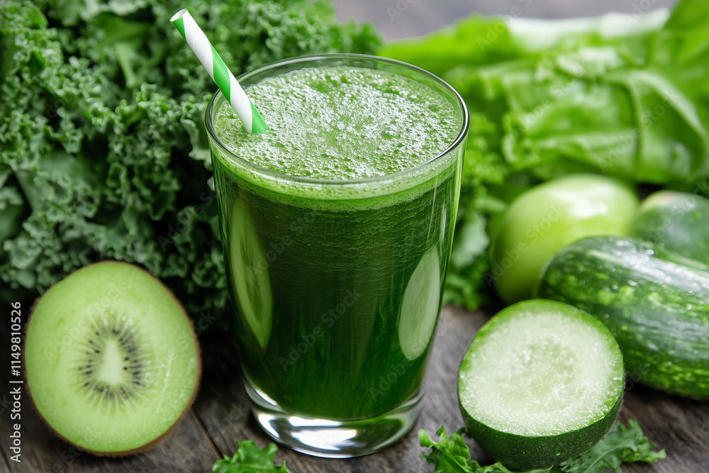 glass of green juice with a green straw and a slice of kiwi on the table. glass of green juice with a green straw and a slice of kiwi on the table.