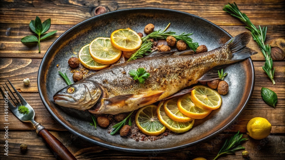Crisp pan-fried trout: documentary-style food photography captures a delicious recipe's essence. Crisp pan-fried trout: documentary-style food photography captures a delicious recipe's essence.