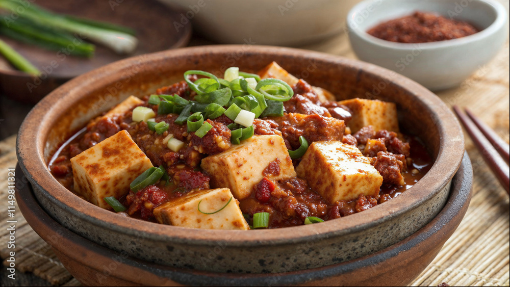 Mapo tofu with minced meat and green onions in a rustic bowl Mapo tofu with minced meat and green onions in a rustic bowl