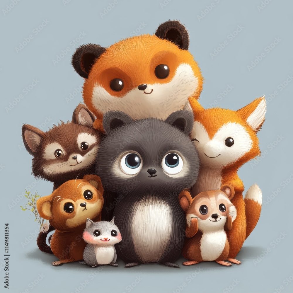 Fototapeta premium Adorable Group Of Cartoon Forest Animals Together