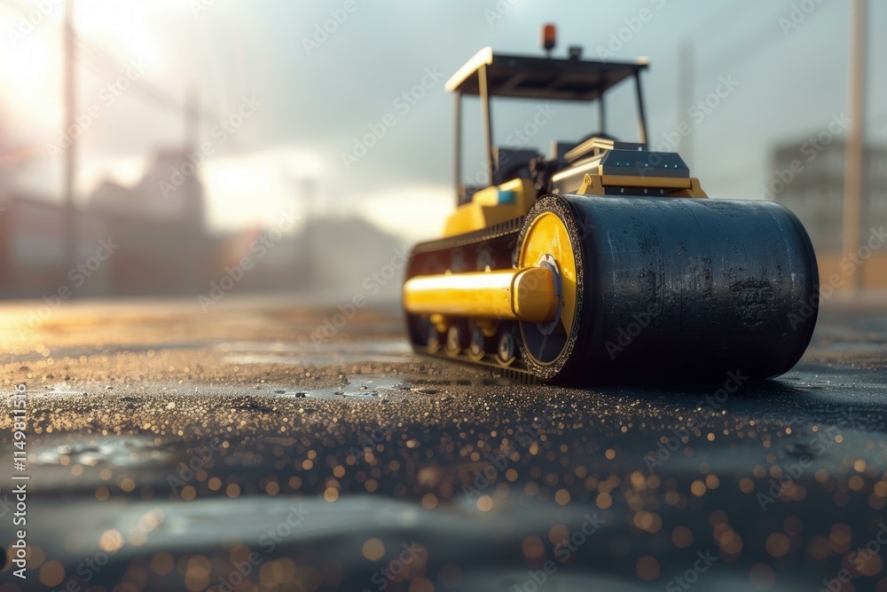 Driverless road roller compacting a newly paved asphalt surface on a construction site, illuminated by the warm glow of the setting sun Driverless road roller compacting a newly paved asphalt surface on a construction site, illuminated by the warm glow of the setting sun