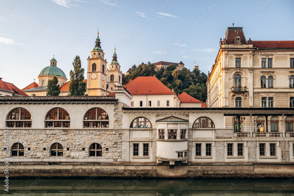 Plecnik Covered Market which runs along the covered building opposite the central market and bordering the Ljubljanica canal Plecnik Covered Market which runs along the covered building opposite the central market and bordering the Ljubljanica canal