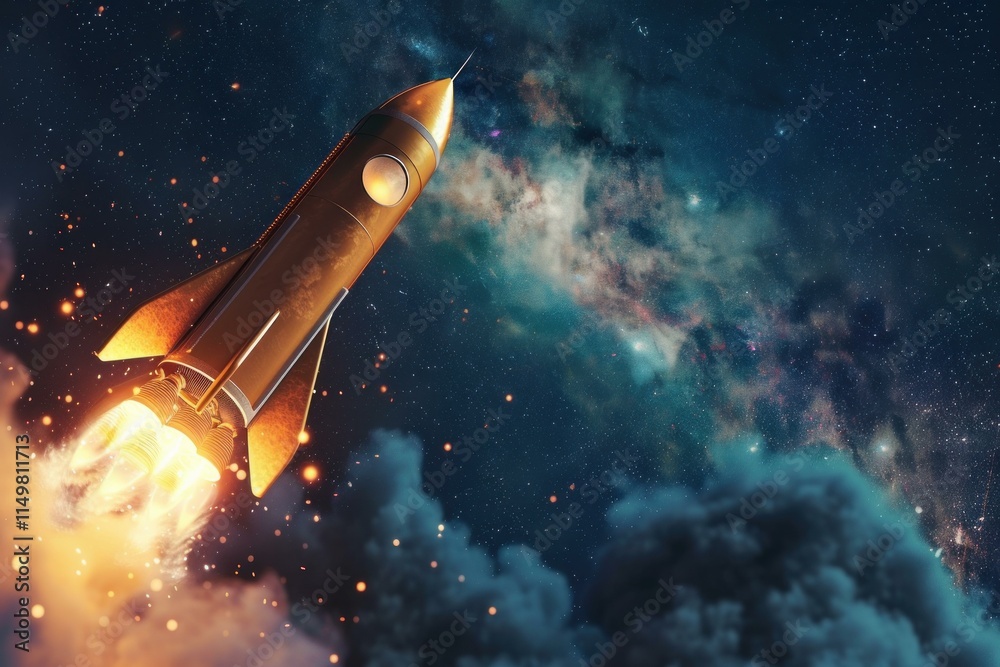 Fototapeta premium Golden space rocket launching from earth to explore the universe, with smoke, fire, and stars in the background
