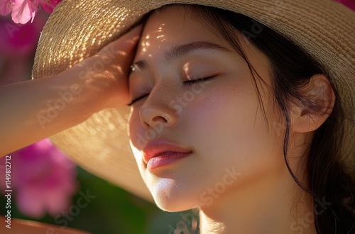 A young Japanese woman with her hat pulled down over half of her face, posing in front of pink flowers and greenery photo