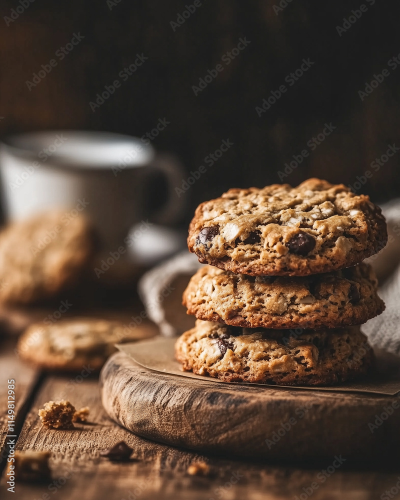 Fototapeta premium Close-up of ANZAC biscuits with a crunchy texture, warm and nostalgic vibe, rustic wooden table
