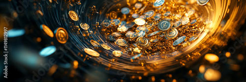 Wallpaper Mural A kaleidoscope of wealth symbols, swirling around a figure, representing the endless possibilities in the realm of finance.   Torontodigital.ca