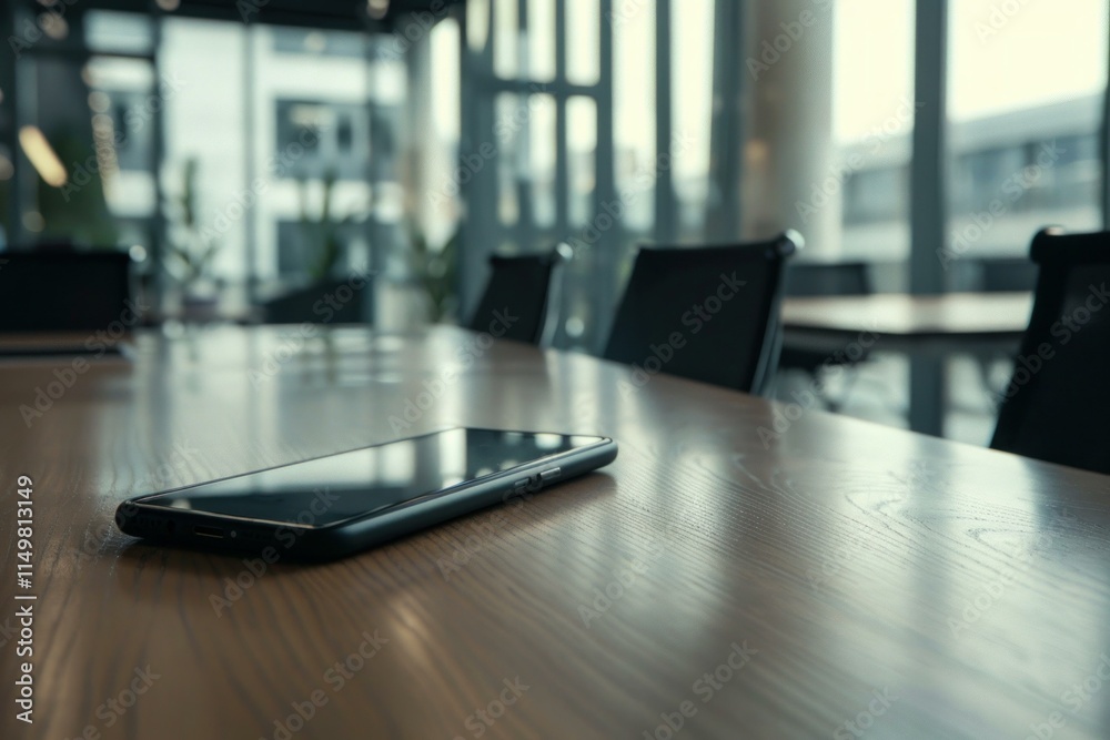Modern smartphone is lying on a wooden desk in an empty office meeting room, suggesting remote work or a break Modern smartphone is lying on a wooden desk in an empty office meeting room, suggesting remote work or a break