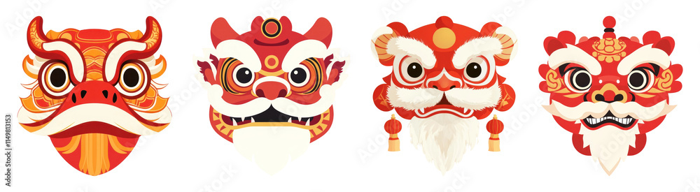 Fototapeta premium PNG Colorful traditional lion masks, element set on transparent background