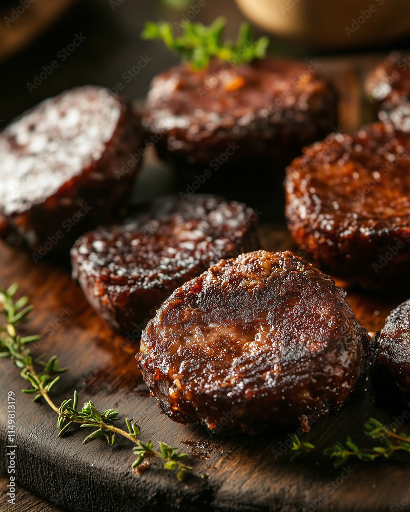 Sliced black pudding served on a rustic wooden board with a side of mustard and herbs, cozy pub-style presentation Sliced black pudding served on a rustic wooden board with a side of mustard and herbs, cozy pub-style presentation