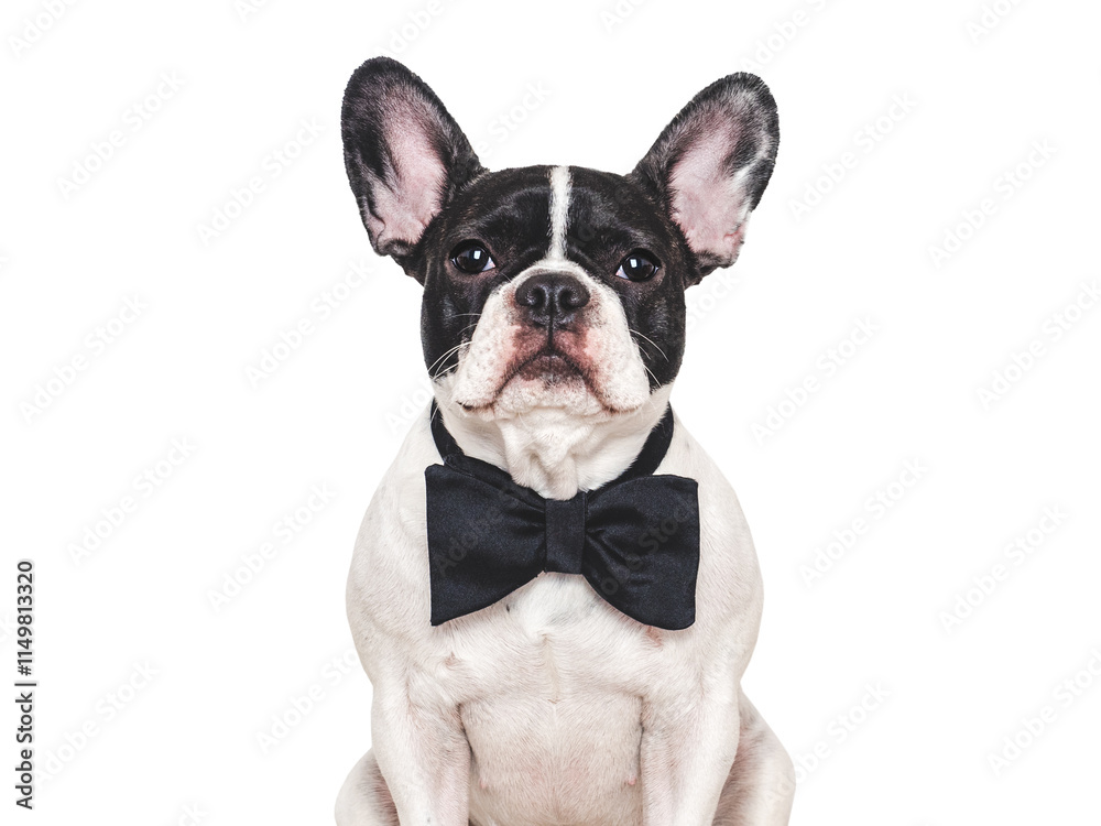 Fototapeta premium Stylish, lovable puppy and bow tie. Close-up, indoors. Studio shot. Congratulations for family, relatives, loved ones, friends and colleagues. Pet care concept