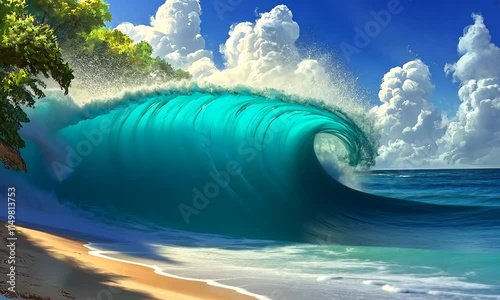 Wallpaper Mural Captivating Turquoise Wave Crashing Against Serene Shoreline Under a Brightly Lit Sky with Lush Greenery and Fluffy White Clouds in the Background Torontodigital.ca