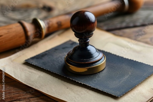 Notary public embosser sitting on a black ink blotter pad on old paper with a wooden handle tool resting in the background on a wooden desk photo