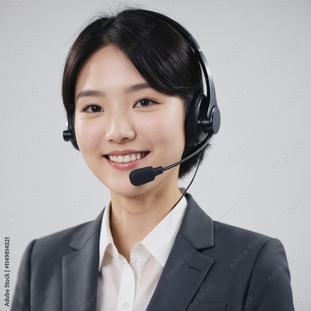 Portrait of Asian woman in call center with smile, headset and happy to help at customer service agent or sales desk. Telemarketing, communication or reception, businessman with cheerful face . Ai gen Portrait of Asian woman in call center with smile, headset and happy to help at customer service agent or sales desk. Telemarketing, communication or reception, businessman with cheerful face . Ai gen