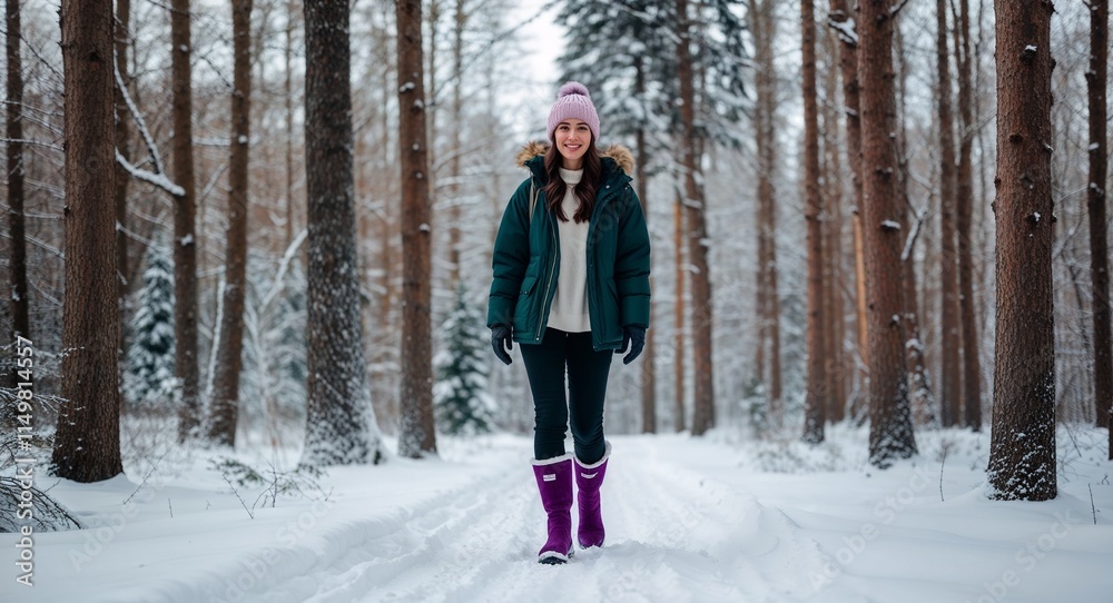 Fototapeta premium Caucasian young woman walking through snowy forest wearing purple boots