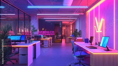 A futuristic co-working space featuring modular desks with neon accents, bold geometric light fixtures, and tech-friendly workstations