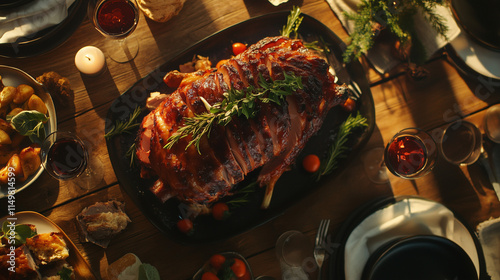 High-angle view of a Christmas ham garnished with fresh herbs, cozy and festive holiday table setup photo