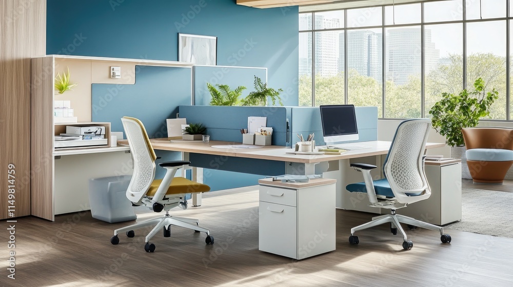 A peaceful workspace with modern ergonomic chairs, soft lighting, and soothing blue tones for a stress-free workday A peaceful workspace with modern ergonomic chairs, soft lighting, and soothing blue tones for a stress-free workday