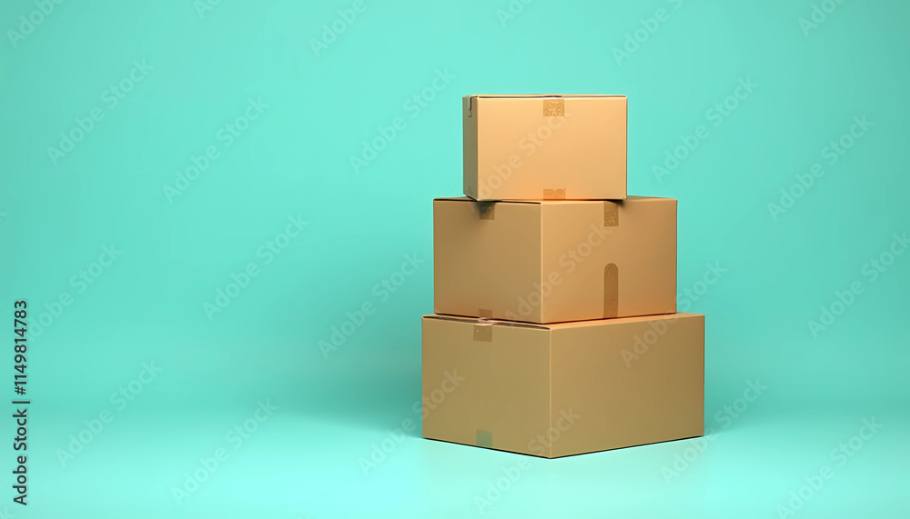 Obraz premium A vibrant turquoise background featuring a stack of cardboard boxes, generative ai