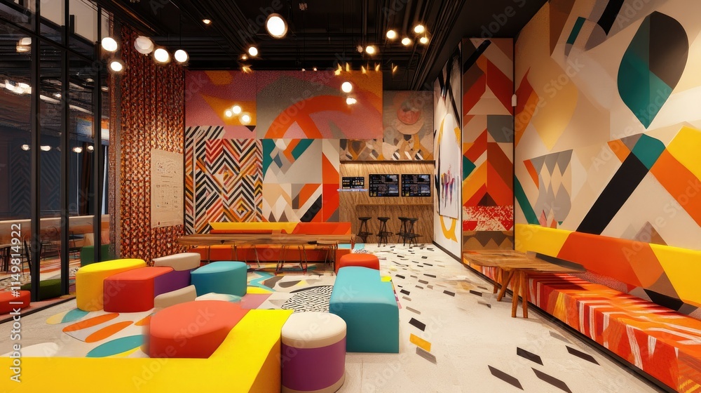 A spacious co-working area featuring bold geometric patterns on the walls, colorful modular tables, and creative brainstorming zones A spacious co-working area featuring bold geometric patterns on the walls, colorful modular tables, and creative brainstorming zones