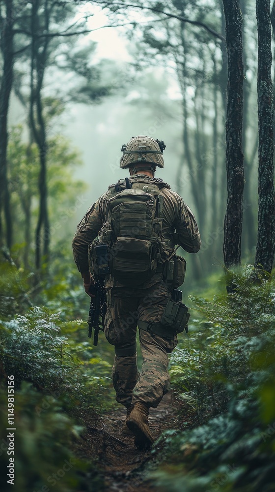 Soldier navigating through dense forest during military training exercise in natural environment Soldier navigating through dense forest during military training exercise in natural environment