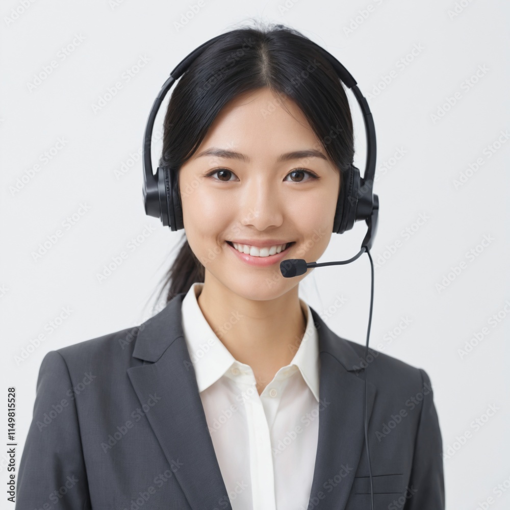 Portrait of Asian woman in call center with smile, headset and happy to help at customer service agent or sales desk. Telemarketing, communication or reception, businessman with cheerful face . Ai gen Portrait of Asian woman in call center with smile, headset and happy to help at customer service agent or sales desk. Telemarketing, communication or reception, businessman with cheerful face . Ai gen