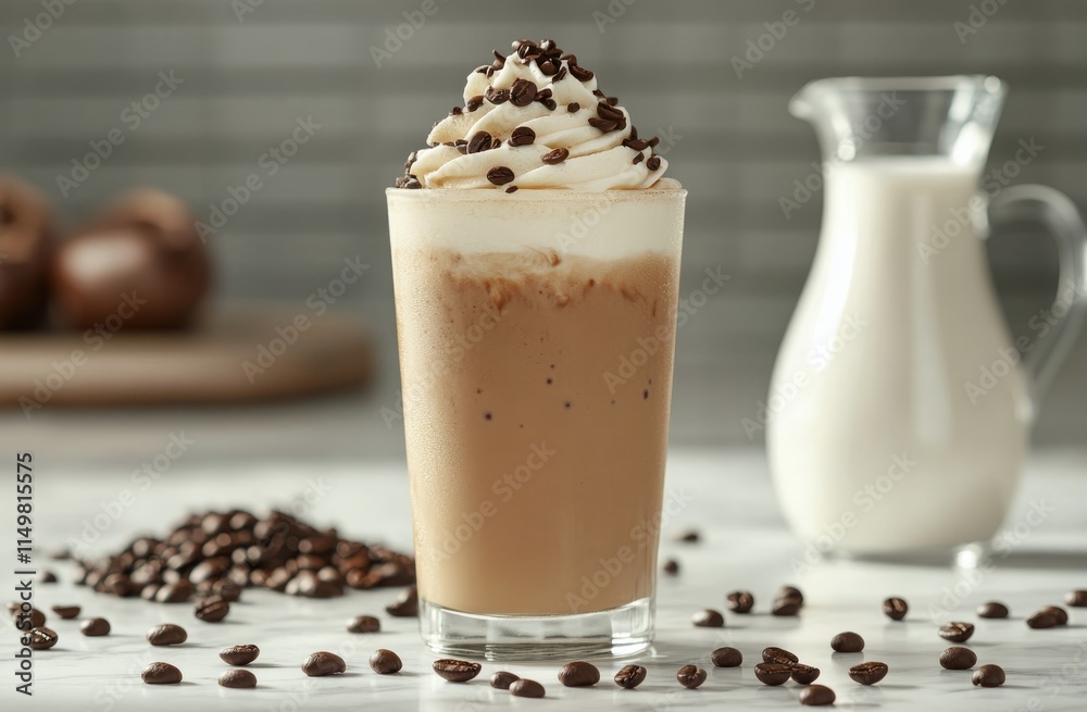 Creamy coffee beverage topped with whipped cream and chocolate sprinkles on a marble counter Creamy coffee beverage topped with whipped cream and chocolate sprinkles on a marble counter