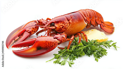 High-angle view of lobster with a side of drawn butter and herbs, vibrant and sophisticated presentation photo