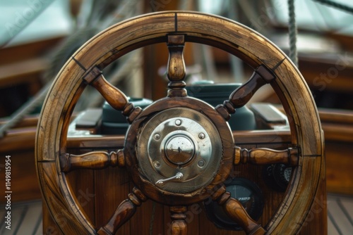 Close up of a varnished wooden ship's wheel, highlighting nautical craftsmanship and maritime journey