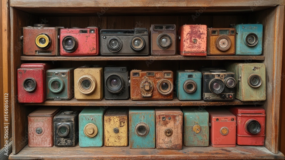 Fototapeta premium Antique cameras displayed on wooden shelves.