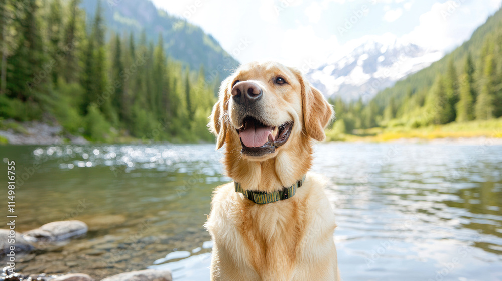 happy Labrador sitting by calm lake surrounded by mountains and trees happy Labrador sitting by calm lake surrounded by mountains and trees