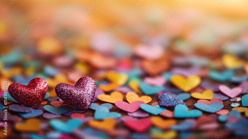 Fototapeta premium Colorful heart-shaped confetti spread across a table for a festive celebration