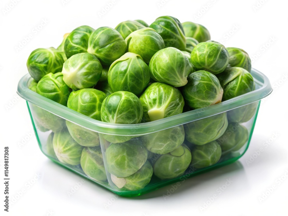 Fototapeta premium Brussels Sprouts Plastic Container White Background Stock Photo - Fresh Vegetables Produce Food Photography