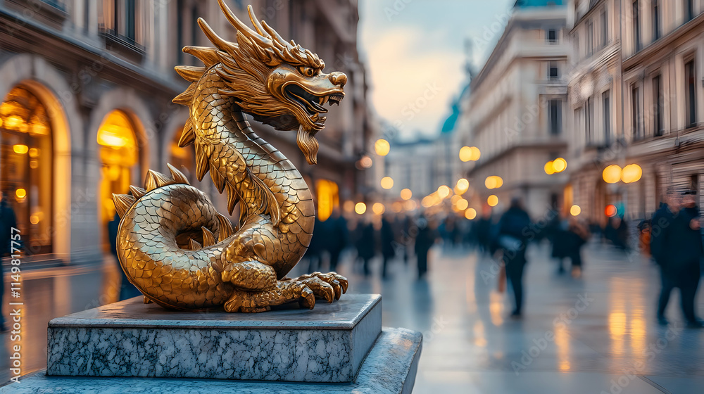 Fototapeta premium Golden Dragon Statue City Street Illustration