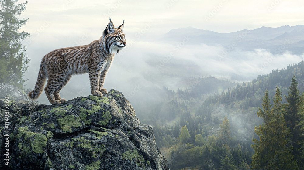 Fototapeta premium A lynx standing tall on a granite outcrop, overlooking a misty valley, with soft green lichen glowing on the rocky surface beneath its paws. 