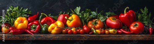 Vibrant display of assorted vegetables including peppers and tomatoes on dark wooden surface