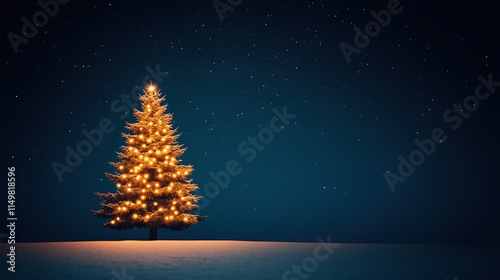 Beautifully Decorated Christmas Tree with Warm Lights in a Snowy Landscape Under a Starry Night Sky