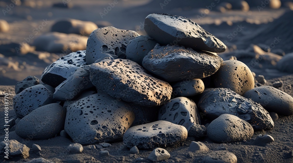 A pile of volcanic stones with varying sizes and shapes, their porous textures and rough edges highlighted by realistic shadows, set on a background of ash-covered ground with soft ambient lighting, A pile of volcanic stones with varying sizes and shapes, their porous textures and rough edges highlighted by realistic shadows, set on a background of ash-covered ground with soft ambient lighting,