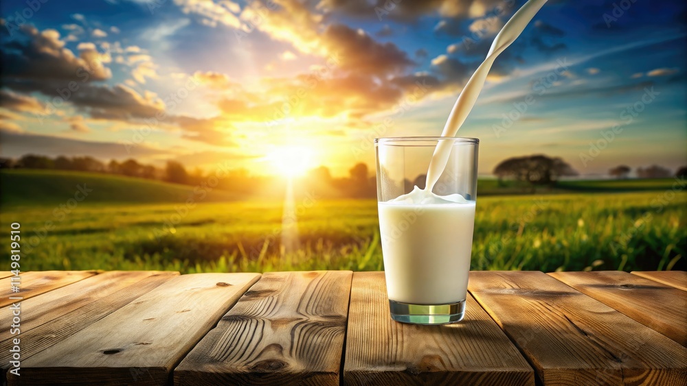 Milk streams into a glass, a bright splash against the wood and sunshine. Milk streams into a glass, a bright splash against the wood and sunshine.