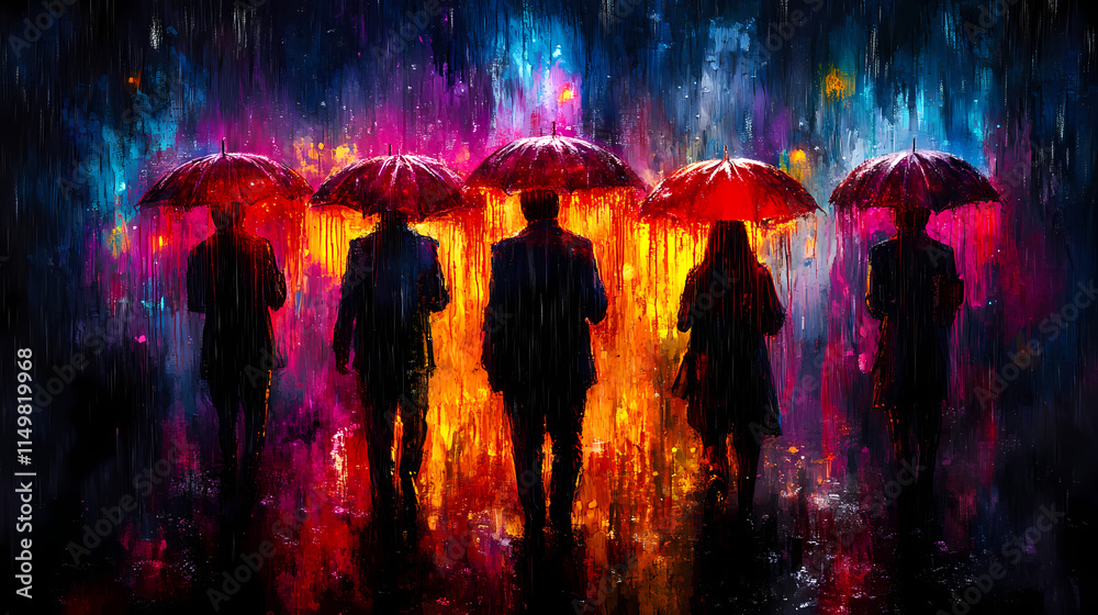 Naklejka premium vibrant city scene featuring silhouettes of individuals holding red umbrellas against colorful, abstract background. rain adds dynamic and emotional touch to artwork