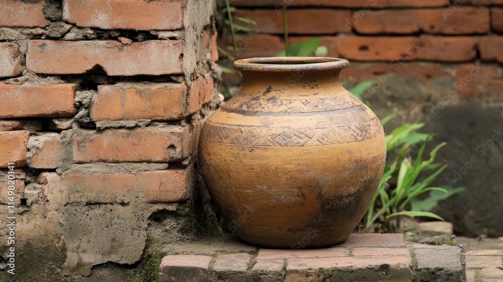 Earthenware Jar Resting Against a Brick Wall Earthenware Jar Resting Against a Brick Wall